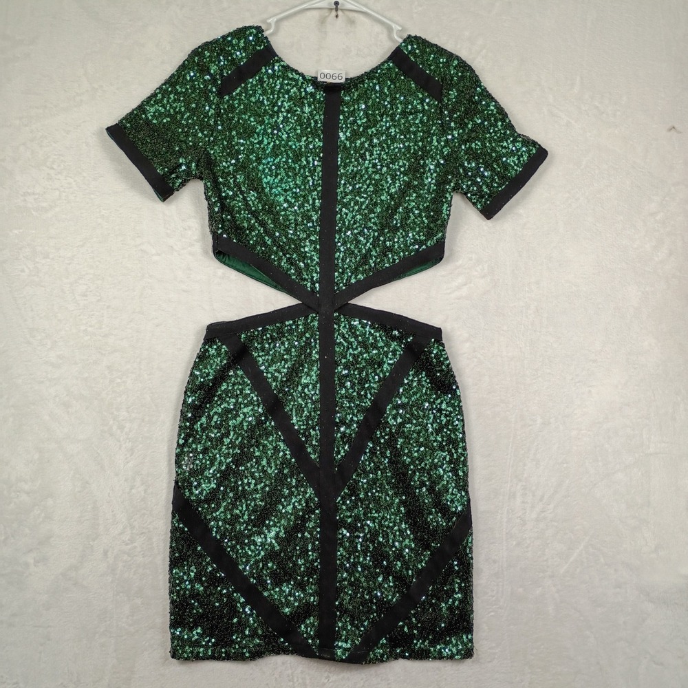 Missguided Green Sequin Cutout Mini Dress Short Sleeve Bodycon Size 12